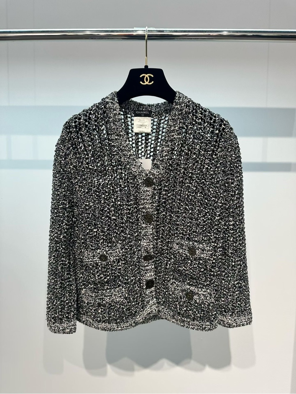 CHANEL Black and White Bouclé Knit Cardigan Jacket